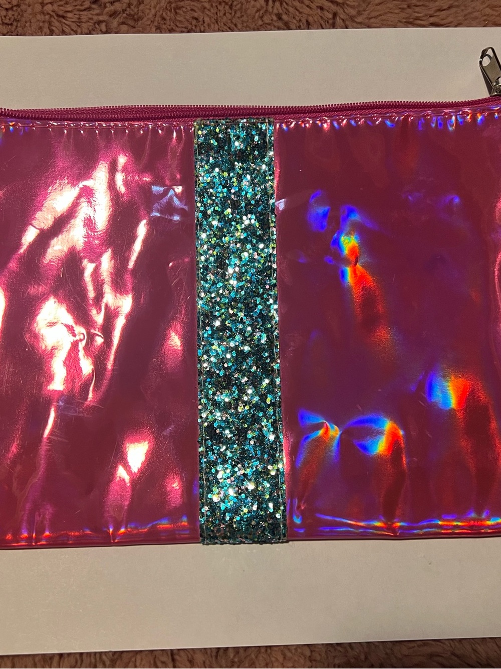 Pink Iridescent Glitter Accent Cosmetic Pouch